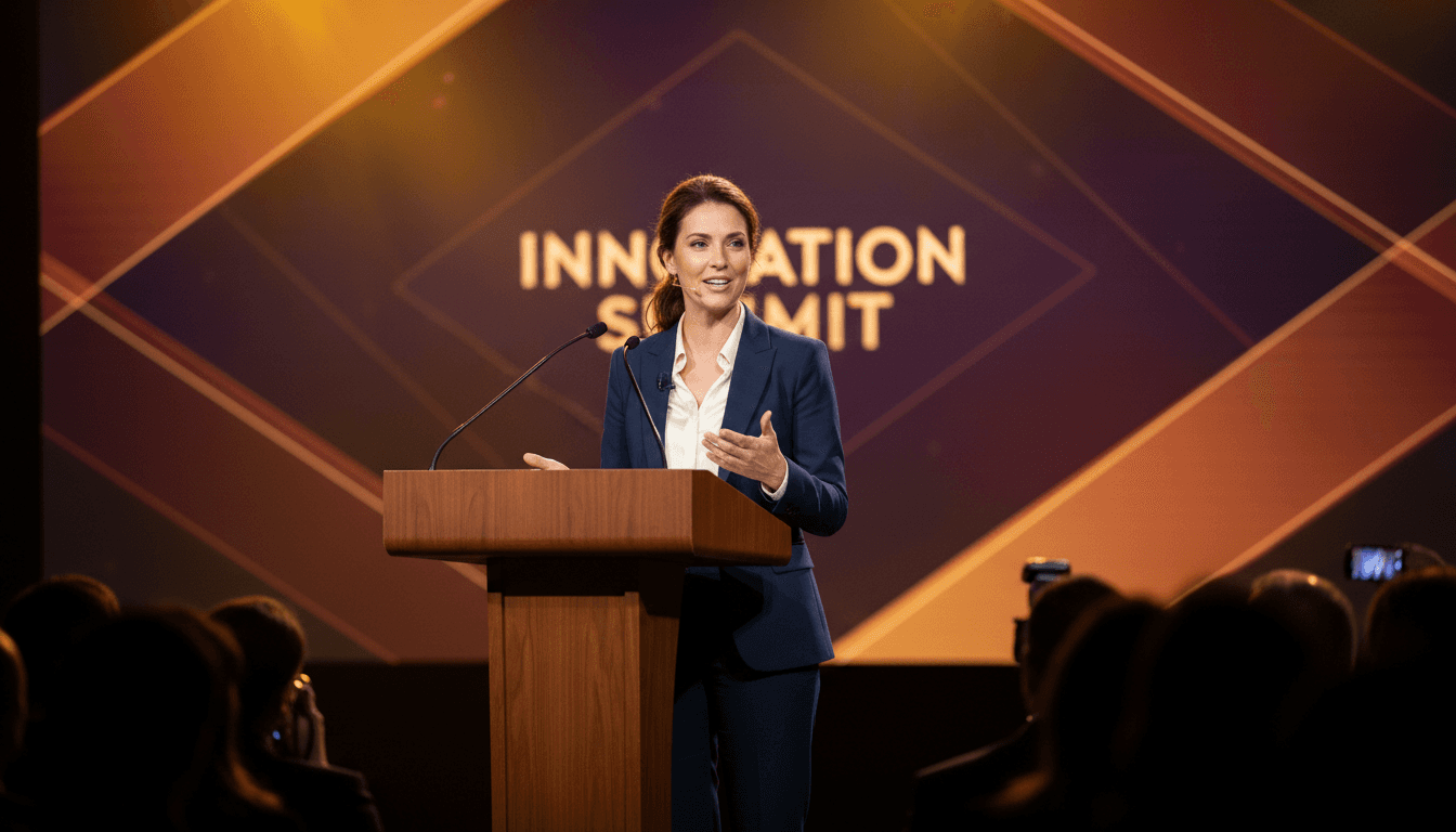 Professional woman speaking confidently at podium with warm stage lighting