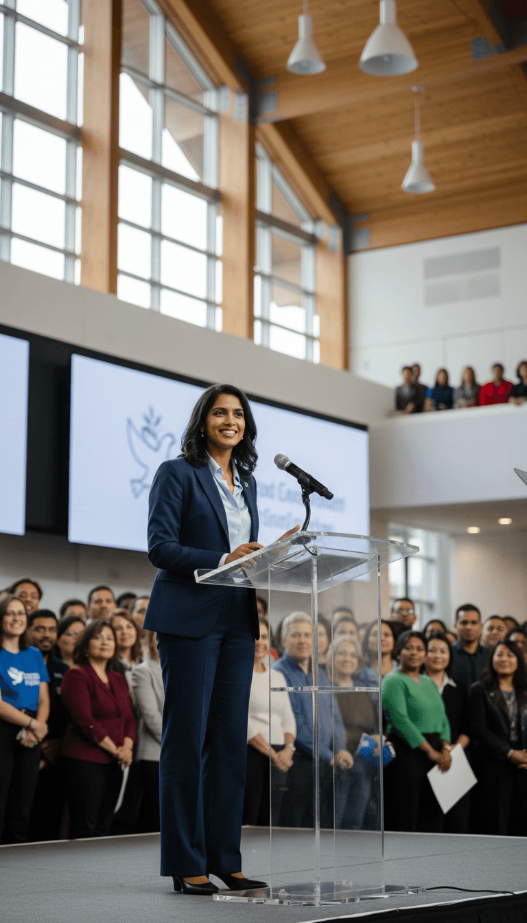 Professional speaker standing at podium addressing engaged diverse audience members at a civic community event