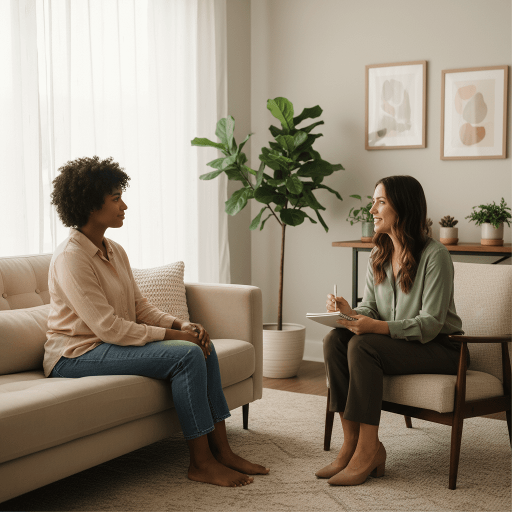 Trained counselor and survivor sitting together in comfortable consultation room during supportive one-on-one session